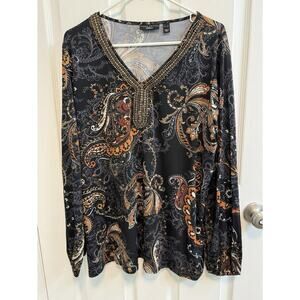 Susan Graver Artisan XL Top Beaded V-Neck Balloon Sleeve Black Orange Preowned